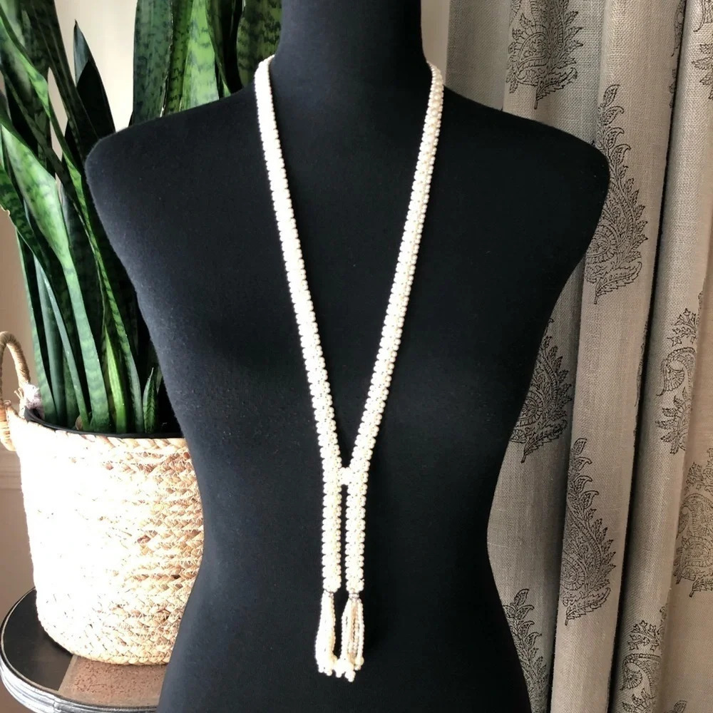 Long Faux Pearl Lariat Necklace Ivory Tassels 42”